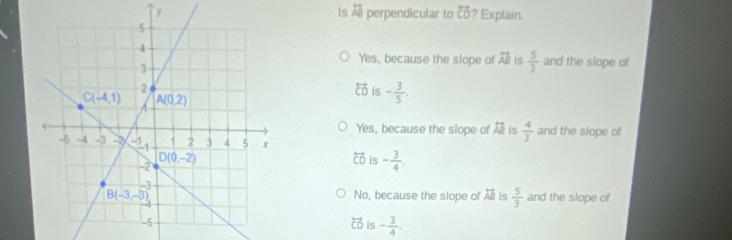 Is overleftrightarrow AB
perpendicular to overleftrightarrow CD ? Explain.
Yes, because the slope of overline AB is  5/3  and the slope of
overleftrightarrow CD is - 3/5 .
Yes, because the slope of overleftrightarrow AB is  4/3  and the slope of
overleftrightarrow CD is - 3/4 .
No, because the slope of overleftrightarrow AB is  5/3  and the slope of
overleftrightarrow CD is - 3/4 .