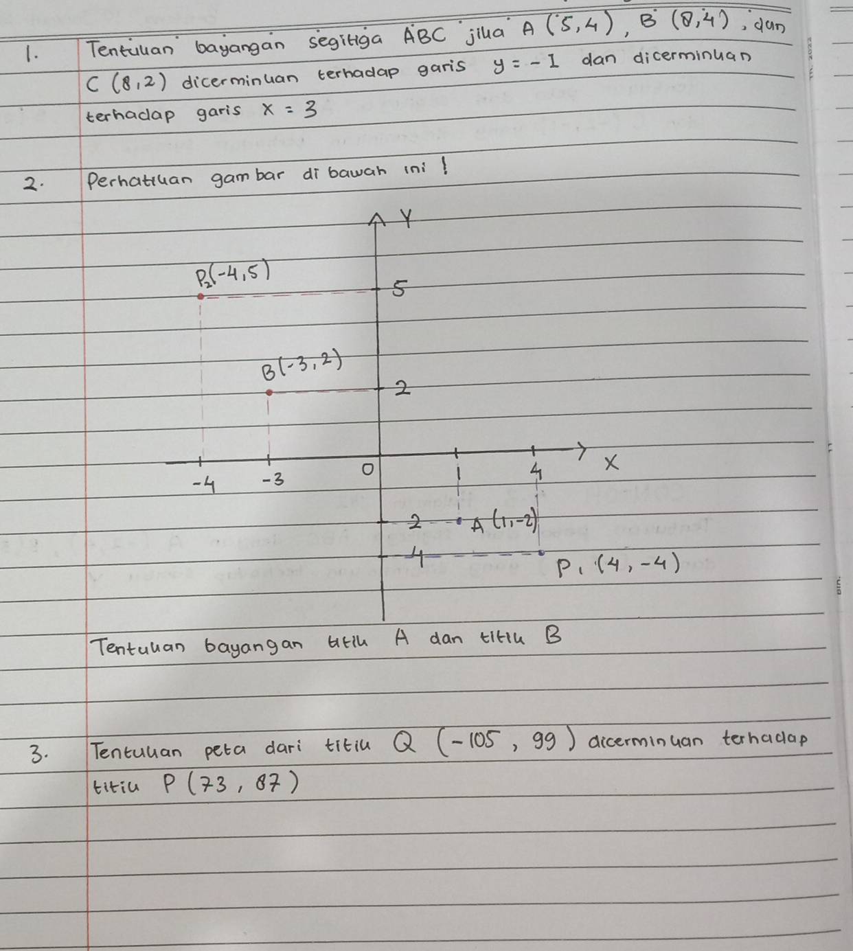 Tentuuan bayangan segiliga ABC jiua A(5,4), B(8,4) , dun
C(8,2) dicerminuan terhadap garis y=-1 dan dicerminuan 
terhadap garis x=3
2. Perhatiuan gambar dī bawah ini!
Y
P_2(-4,5)
5
B(-3,2)
2
4 -3
o
4 X
2 A(1,-2)
4
P_1(4,-4)
Tentuuan bayangan 4tl A dan tiHIu B
3. Tentuuan peta dari titiu Q(-105,99) dicerminuan terhadap 
titic P(73,87)