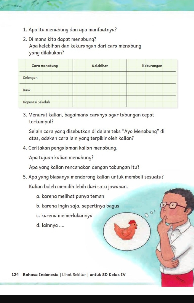 Apa itu menabung dan apa manfaatnya?
2. Di mana kita dapat menabung?
Apa kelebihan dan kekurangan dari cara menabung
yang dilakukan?
3. Menurut kalian, bagaimana caranya agar tabungan cepat
terkumpul?
Selain cara yang disebutkan di dalam teks “Ayo Menabung” di
atas, adakah cara lain yang terpikir oleh kalian?
4. Ceritakan pengalaman kalian menabung.
Apa tujuan kalian menabung?
Apa yang kalian rencanakan dengan tabungan itu?
5. Apa yang biasanya mendorong kalian untuk membeli sesuatu?
Kalian boleh memilih lebih dari satu jawaban.
a. karena melihat punya teman
b. karena ingin saja, sepertinya bagus
0°
c. karena memerlukannya
d. lainnya ....
124 Bahasa Indonesia | Lihat Sekitar | untuk SD Kelas IV