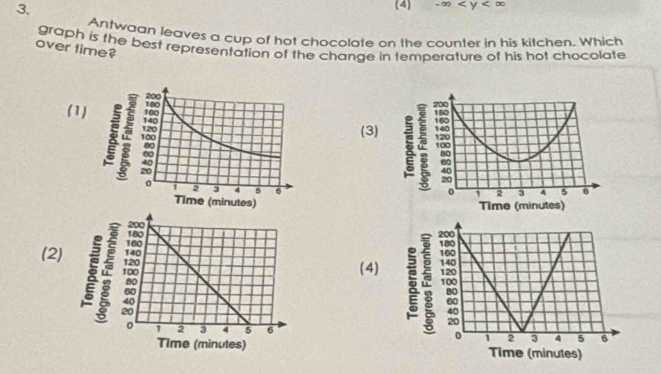 (4) -∈fty
Antwaan leaves a cup of hot chocolate on the counter in his kitchen. Which
over time? graph is the best representation of the change in temperature of his hot chocolate
(1)
(3) 


(2)
(4)