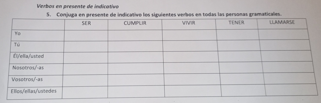 Verbos en presente de indicativo 
5. Conjuga en presente de indicativo los siguientes verbos en todas las personas gramaticales.