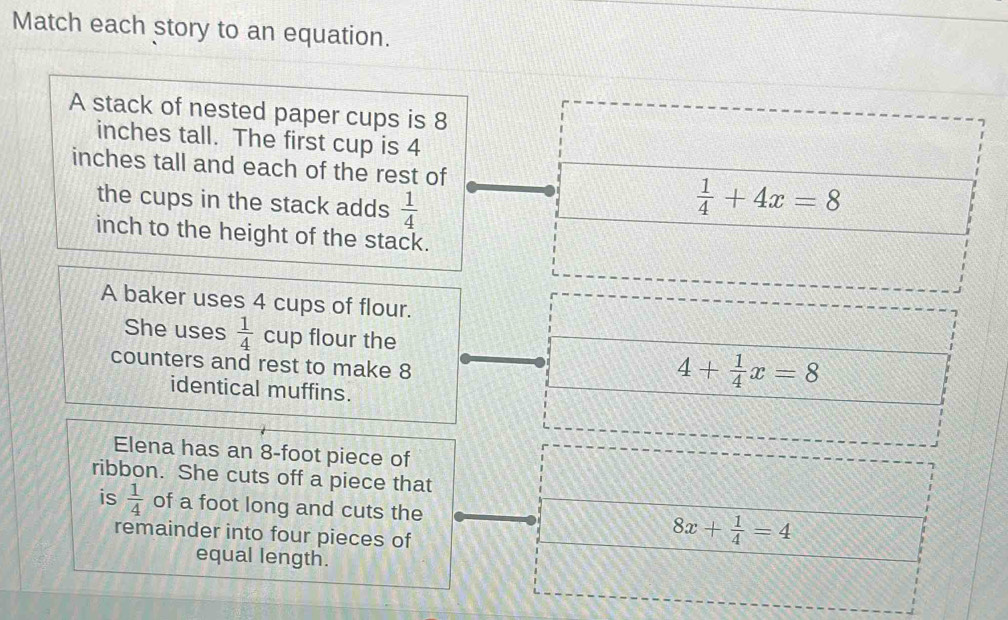 Match each story to an equation.
A stack of nested paper cups is 8
inches tall. The first cup is 4
inches tall and each of the rest of
the cups in the stack adds  1/4 
 1/4 +4x=8
inch to the height of the stack.
A baker uses 4 cups of flour.
She uses  1/4 c :up flour the
counters and rest to make 8
identical muffins.
4+ 1/4 x=8
Elena has an 8-foot piece of
ribbon. She cuts off a piece that
is  1/4  of a foot long and cuts the 8x+ 1/4 =4
remainder into four pieces of
equal length.