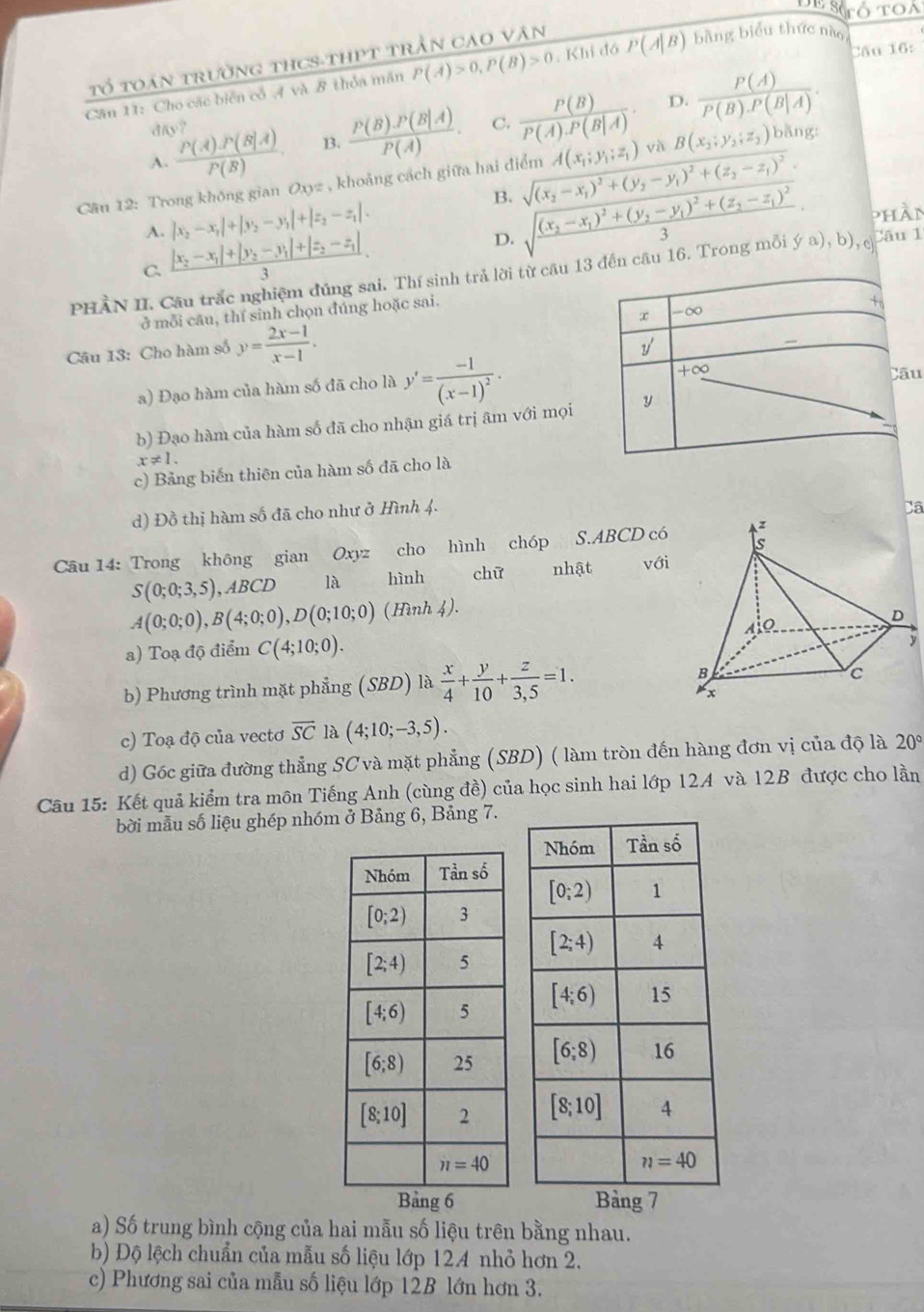 Tổ toán trường tHCS-tHPT trần CaO Văn
Cân 11: Cho các biến cổ A và B thỏa mắn P(A)>0,P(B)>0. Khi đó P(A|B) bằng biểu thức nào
day? D.
A.  (P(A).P(B|A))/P(B) . B.  (P(B).P(B|A))/P(A) . C.  P(B)/P(A).P(B|A) .  P(A)/P(B).P(B|A) .
sqrt((x_2)-x_1)^2+(y_2-y_1)^2+(z_2-z_1)^2.
Cầu 12: Trong không gian Oxyz , khoảng cách giữa hai điểm A(x_1;y_1;z_1) và B(x_2;y_2;z_2) bàng:
A. |x_2-x_1|+|y_2-y_1|+|z_2-z_1|.
phần
B. sqrt(frac (x_2)-x_1)^2+(y_2-y_1)^2+(z_2-z_1)^23. ya ), b),Câu 1
C frac |x_2-x_1|+|y_2-y_1|+|z_2-z_1|3.
D.
phầN II. c ai. Thí sinh trả lời từ câu 13 đến câu 16. Trong mỗi
ở mỗi cầu, thí sinh chọn đúng hoặc sai.
+o
x -∞
Câu 13: Cho hàm số y= (2x-1)/x-1 .
u'
a) Đạo hàm của hàm số đã cho là y'=frac -1(x-1)^2.
+∈fty
Câu
b) Đạo hàm của hàm số đã cho nhận giá trị âm với mọi y
x!= 1.
c) Bảng biến thiên của hàm số đã cho là
d) Đồ thị hàm số đã cho như ở Hình 4.
Cã
Câu 14: Trong không gian Oxyz cho hình chóp S.ABCD có
S(0;0;3,5),ABCD là hình chữ nhật với
A(0;0;0),B(4;0;0),D(0;10;0) (Hình 4).
a) Toạ độ điểm C(4;10;0).
b) Phương trình mặt phẳng (SBD) là  x/4 + y/10 + z/3,5 =1.
c) Toạ độ của vectơ overline SC là (4;10;-3,5).
d) Góc giữa đường thẳng SC và mặt phẳng (SBD) ( làm tròn đến hàng đơn vị của độ là 20°
Câu 15: Kết quả kiểm tra môn Tiếng Anh (cùng đề) của học sinh hai lớp 124 và 12B được cho lần
bời mẫu số liệu ghép nhóm ở Bảng 6, Bảng 7.
 
Bảng 7
a) Số trung bình cộng của hai mẫu số liệu trên bằng nhau.
b) Độ lệch chuẩn của mẫu số liệu lớp 124 nhỏ hơn 2.
c) Phương sai của mẫu số liệu lớp 12B lớn hơn 3.