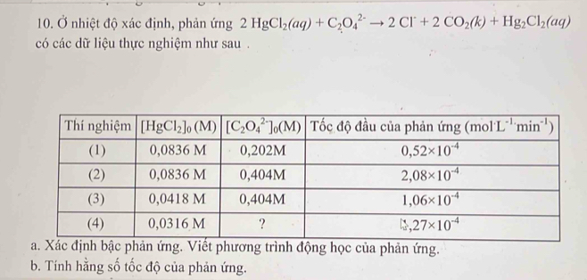 Ở nhiệt độ xác định, phản ứng 2HgCl_2(aq)+C_2O_4^((2-)to 2Cl^-)+2CO_2(k)+Hg_2Cl_2(aq)
có các dữ liệu thực nghiệm như sau .
a. Xác định bậc phản ứng. Viết phương trình động học của phản ứng.
b. Tính hằng số tốc độ của phản ứng.