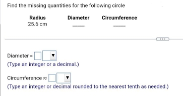 Find the missing quantities for the following circle 
Radius Diameter Circumference
25.6 cm
_ 
_ 
Diameter =□ □ 
(Type an integer or a decimal.) 
Circumference approx □ _ * _ 2 
(Type an integer or decimal rounded to the nearest tenth as needed.)