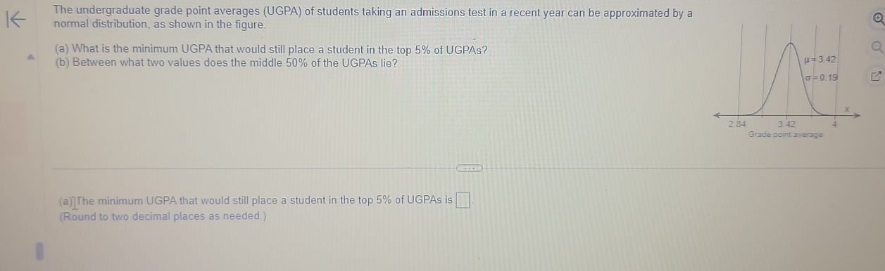 The undergraduate grade point averages (UGPA) of students taking an admissions test in a recent year can be approximated by a Q
normal distribution, as shown in the figure.
(a) What is the minimum UGPA that would still place a student in the top 5% of UGPAs?
(b) Between what two values does the middle 50% of the UGPAs lie?
(a)]The minimum UGPA that would still place a student in the top 5% of UGPAs is □
(Round to two decimal places as needed.)