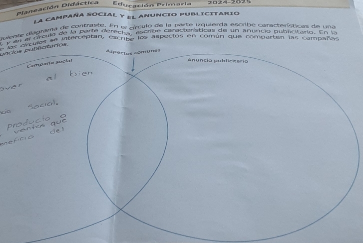 Planeación Didáctica Educación Primaria 2024-2025 
LA CAMPAÑA SOCIAL Y EL ANUNCIO PUBLICITARIO 
duiente diagrama de contraste. En el círculo de la parte izquierda escribe características de una 
l y en el círculo de la parte derecha, escribe características de un anuncio publicitario. En la 
se los círculos se interceptan, escribe los aspectos en común que comparten las campañas 
uncios publicitarios.