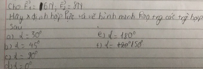 Cho vector F_1=6N, vector F_2=8N
Hay x dinh hop ire va ve hinh minh Roo tng cǒc try hop 
Sau 
a) alpha =30° e) alpha =180°
b) alpha =45° alpha =+20°150°
t) 
() alpha =90°
alpha =0°