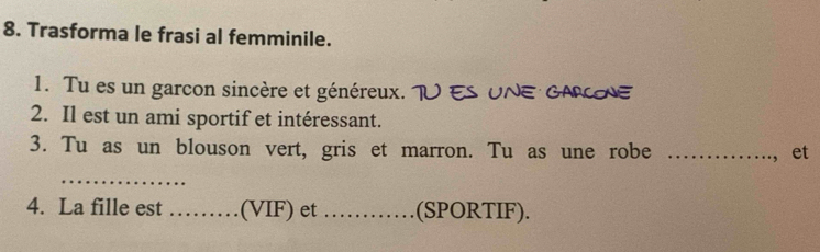 Trasforma le frasi al femminile. 
1. Tu es un garcon sincère et généreux. Es UNE GARCONE 
2. Il est un ami sportif et intéressant. 
3. Tu as un blouson vert, gris et marron. Tu as une robe _et 
_ 
4. La fille est _(VIF) et _(SPORTIF).