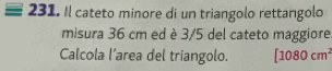 Il cateto minore di un triangolo rettangolo 
misura 36 cm ed è 3/5 del cateto maggiore 
Calcola l’area del triangolo. [1080cm^2