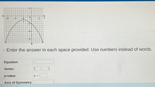 > Enter the answer in each space provided. Use numbers instead of words. 
Equation □
Vertex (□ ,□ )
p -value p=□
Axis of Symmetry □