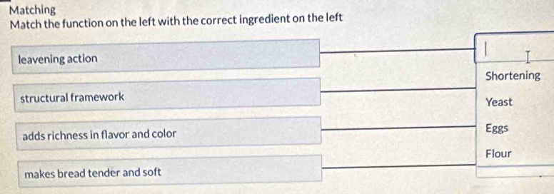 Matching 
Match the function on the left with the correct ingredient on the left 
leavening action 
Shortening 
structural framework 
Yeast 
adds richness in flavor and color Eggs 
Flour 
makes bread tender and soft