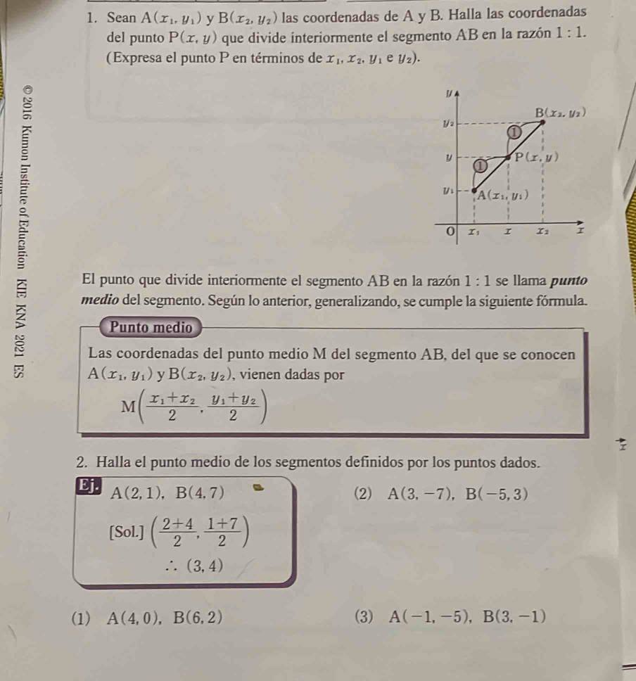 Sean A(x_1,y_1) y B(x_2,y_2) las coordenadas de A y B. Halla las coordenadas
del punto P(x,y) que divide interiormente el segmento AB en la razón 1:1.
(Expresa el punto P en términos de x_1,x_2,y_1ey_2).
El punto que divide interiormente el segmento AB en la razón 1:1 se llama punto
medio del segmento. Según lo anterior, generalizando, se cumple la siguiente fórmula.
Punto medio
Las coordenadas del punto medio M del segmento AB, del que se conocen
A(x_1,y_1) y B(x_2,y_2) , vienen dadas por
M(frac x_1+x_22,frac y_1+y_22)
2. Halla el punto medio de los segmentos definidos por los puntos dados.
Ej. A(2,1),B(4,7)
(2) A(3,-7),B(-5,3)
[Sol.]( (2+4)/2 , (1+7)/2 )
∴ (3,4)
(1) A(4,0),B(6,2) (3) A(-1,-5),B(3,-1)