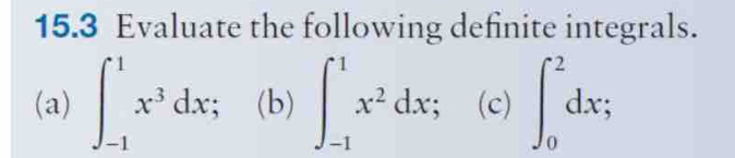 15.3 Evaluate the following definite integrals. 
(a) ∈t _(-1)^1x^3dx; (b)∈t _(-1)^1x^2dx; (c)∈t _0^2dx;