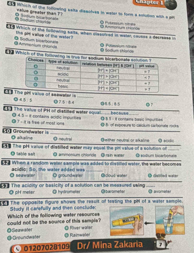 Chapter 1
Which of the following salts dissolves in water to form a solution with a pH
value greater than 7?
Sodium bicarbonate Polassium nitrale
Sodium chloride
Ammonium chlonde
4d Which of the following salts, when dissolved in water, causes a decrease in
the pH value of the water?
a Sodium bicarbonate Potassium nitrate
a Ammonium chloride Sodium chloride
h Which of the f
48 of seawater is_
4.5  5 7.5:8.4
6.5/ 8.5
07
49 The value of PH of distilled water equal.......because.......
Q 4.5 - it contains acidic impurities 8 5 - it contains basic impurities
0 7 - it is free of most ions 8- of exposure to calcium carbonate rocks
50 Groundwater is_
⓴ alkaline O neutral Geither neutral or alkaline O acidic
S The pH value of distilled water may equal the pH value of a solution of
table salt ammonium chloride O rain water O sodium bicarbonate
When a random water sample was added to distilled water, the water becomes
acidic; So, the water added was_
Q seawater O groundwater Ocloud water O distilled water
C The acidity or basicity of a solution can be measured using .......
O pH meter O hydrometer Obarometer O avometer
The opposite figure shows the result of testing the pH of a water sample.
Study it carefully and then conclude:
Which of the following water resources
could not be the source of this sample? wCO( 19
a Seawater River water
@ Groundwater Rainwater
01207028109 Dr/ Mina Zakaria 7