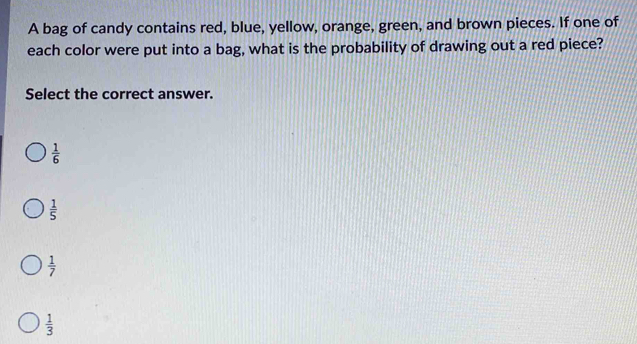 A bag of candy contains red, blue, yellow, orange, green, and brown pieces. If one of
each color were put into a bag, what is the probability of drawing out a red piece?
Select the correct answer.
 1/6 
 1/5 
 1/7 
 1/3 