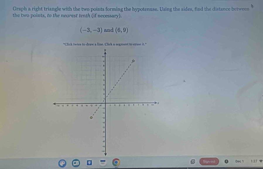 Graph a right triangle with the two points forming the hypotenuse. Using the sides, find the distance between 
the two points, to the nearest tenth (if necessary).
(-3,-3) and (6,9)
"Click twice to draw a line. Click a segment to erase it." 
Sign out Dec 1 1.27