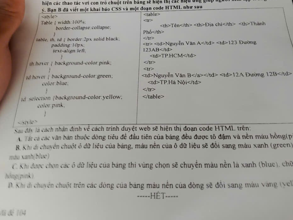 hiện các thao tác với con trò chuột trên bảng sẽ hiện thị các hiệu ứng giup ng
sau
A. Tải cá các văn bản thuộc dòng tiêu đề đầu tiên của bảng đều được tô đậm và nền màu hồng(p
B. Khi di chuyên chuột ô dữ liệu của bảng, màu nền của ô dữ liệu sẽ đổi sang màu xanh (green)
máu xanh(blue)
C. Khi được chọn các ô dữ liệu của bảng thi vùng chọn sẽ chuyền màu nền là xanh (blue), chữ
hóng(pínk)
D. Khi di chuyên chuột trên các dông của bảng màu nền của dòng sẽ đổi sang máu vàng (ye
=----HÊT-----
Mã đế 104