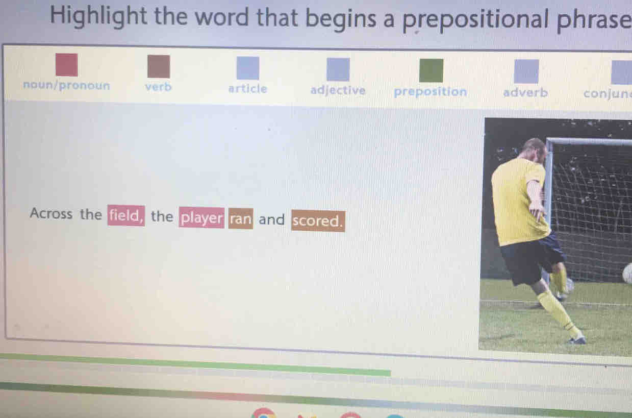 Highlight the word that begins a prepositional phrase
noun/pronoun verb article adjective preposition adverb conjun
Across the field, the player ran and scored.