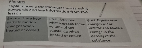 Plenary: 
Explain how a thermometer works using 
keywords and key information from this 
lesson. 
Bronze: State how Silver: Describe 
particle motion what happens to the Gold: Explain how 
changes when volume of the changes to the 
heated or cooled. substance when volume can cause à 
change in the 
heated or cooled. density of the 
substance.