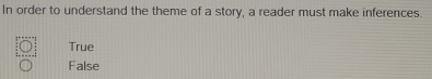 In order to understand the theme of a story, a reader must make inferences.
True
False