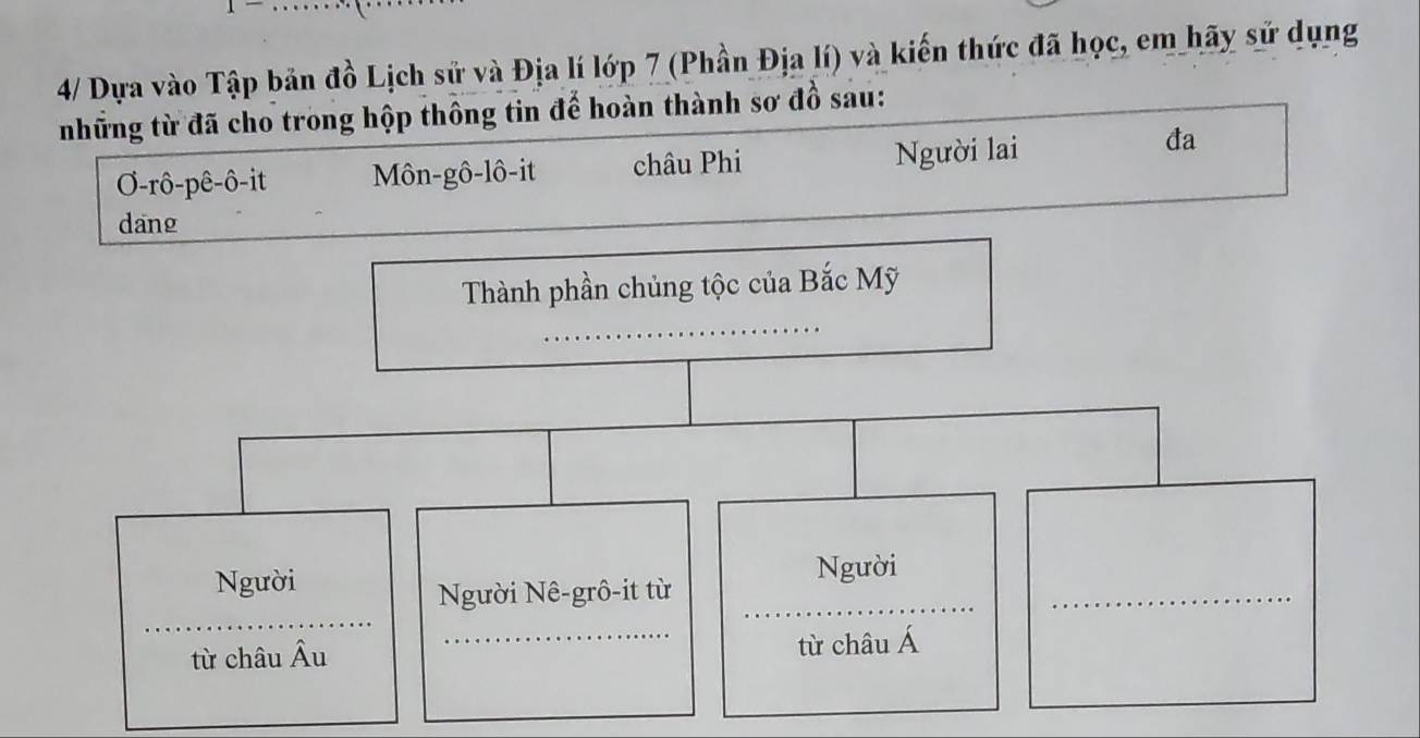 4/ Dựa vào Tập bản đồ Lịch sử và Địa lí lớp 7 (Phần Địa lí) và kiến thức đã học, em hãy sử dụng
những từ đã cho trong hộp thông tin để hoàn thành sơ đồ sau:
Ø-rô-pê-ô-it Môn-gô-lô-it châu Phi Người lai
đa
dang