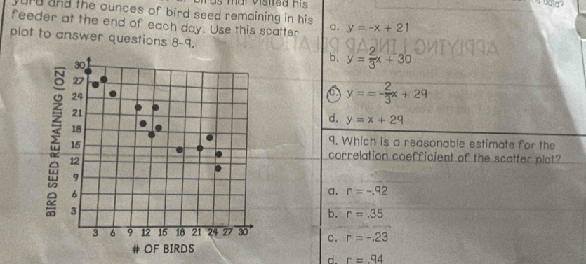 Tu s mar visired his 
jurd and the ounces of bird seed remaining in his 
feeder at the end of each day. Use this scatter a. y=-x+21
plot to answer questions 8-9.
b. y= 2/3 x+30
6 y=- 2/3 x+29
d. y=x+29
9. Which is a reasonable estimate for the
correlation coefficient of the scatter plot?
a. r=-.92
b. r=.35
C. r=-.23
d. r=.94