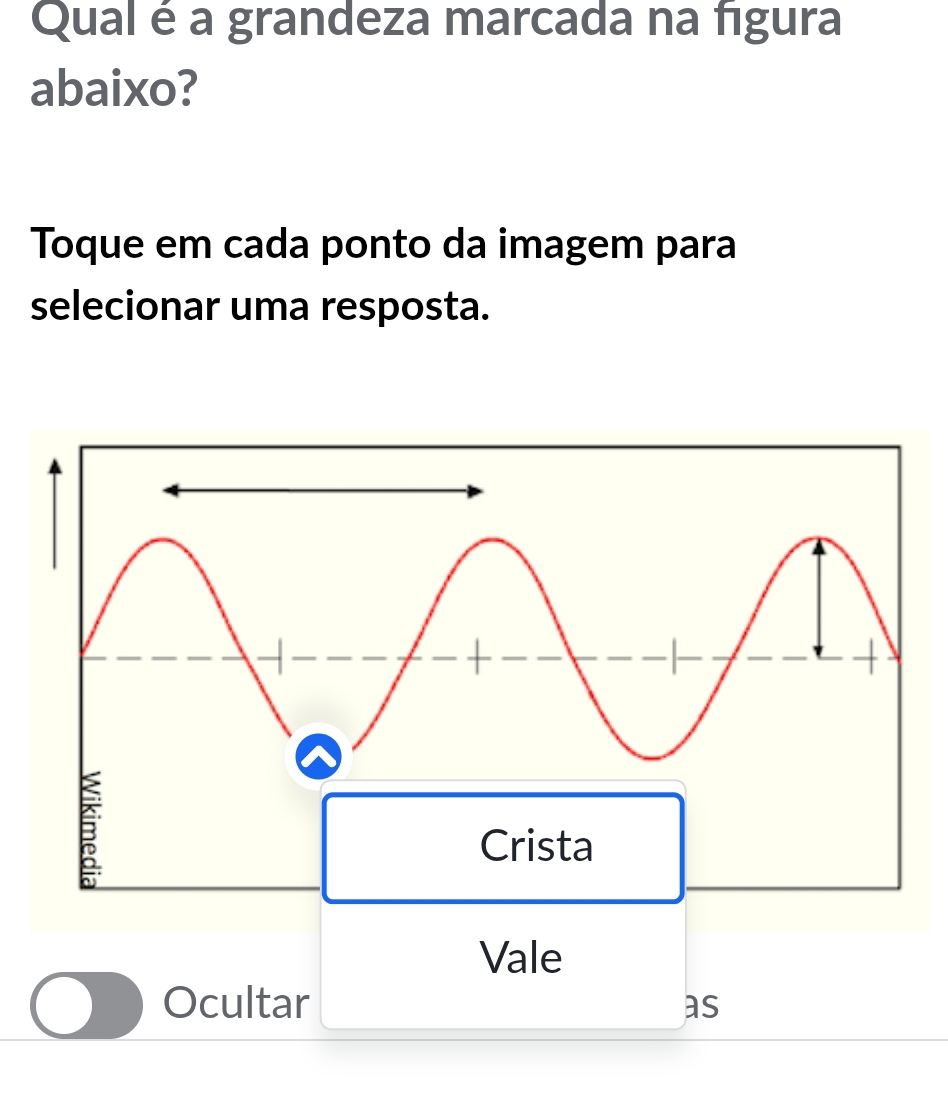 Qual é a grandeza marcada na figura 
abaixo? 
Toque em cada ponto da imagem para 
selecionar uma resposta. 
Vale 
Ocultar as