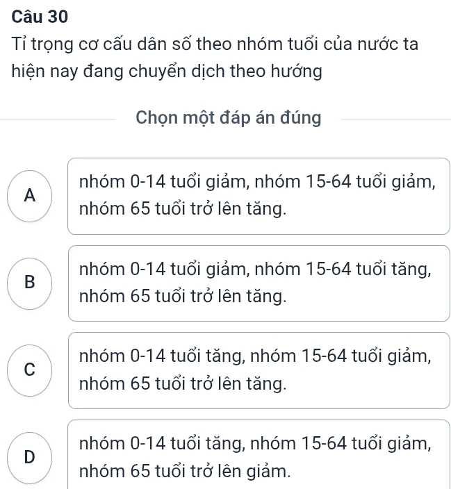 Tỉ trọng cơ cấu dân số theo nhóm tuổi của nước ta
hiện nay đang chuyển dịch theo hướng
Chọn một đáp án đúng
nhóm 0-14 tuổi giảm, nhóm 15-64 tuổi giảm,
A
nhóm 65 tuổi trở lên tăng.
B nhóm 0-14 tuổi giảm, nhóm 15 - 64 tuổi tăng,
nhóm 65 tuổi trở lên tăng.
nhóm 0-14 tuổi tăng, nhóm 15-64 tuổi giảm,
C
nhóm 65 tuổi trở lên tăng.
nhóm 0-14 tuổi tăng, nhóm 15-64 tuổi giảm,
D
nhóm 65 tuổi trở lên giảm.