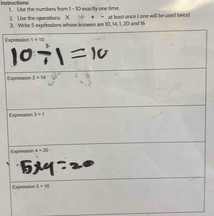 Instructions:
1. Use the numbers from 1 - 10 exactly one time.
2. Use the operations * / +- at least once ( one will be used twice)
Ex
E
E