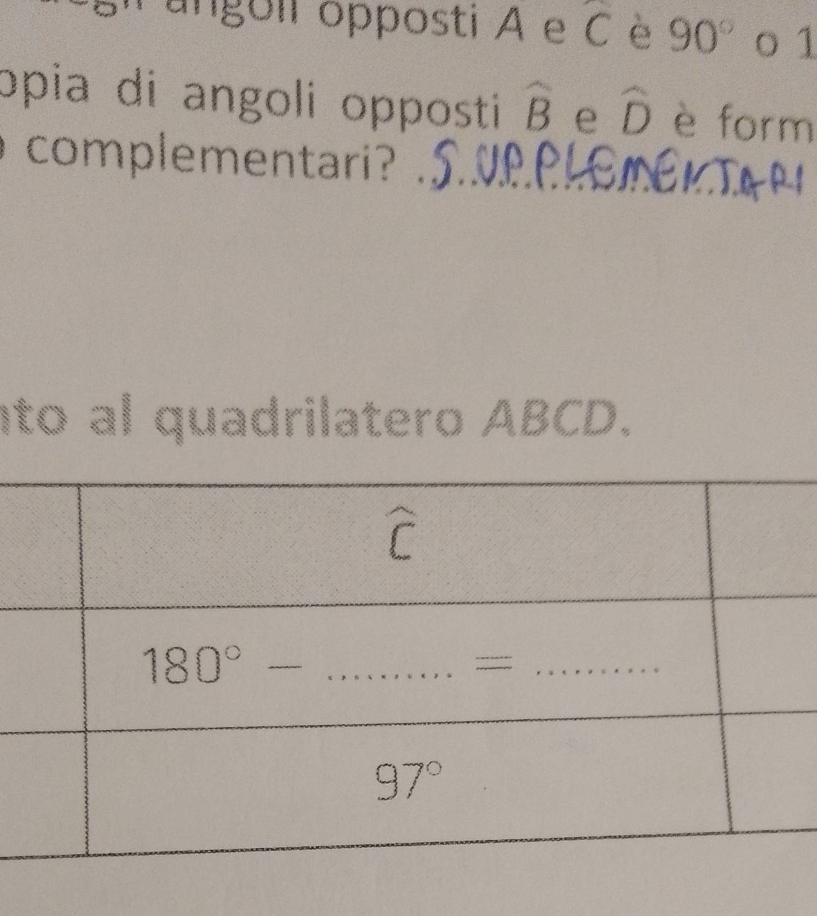 angoii opposti A e C ` è 90° o 1
opia di angoli opposti widehat B e widehat D è form
complementari?
to al quadrilatero ABCD.