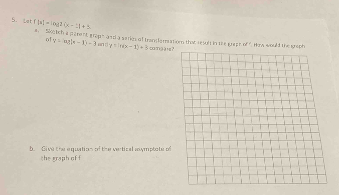 Let f(x)=log 2(x-1)+3. 
a. Sketch a parent graph and a series of transformations that result in the graph of f. How would the graph
of y=log (x-1)+3 and y=ln (x-1)+3 compare
b. Give the equation of the vertical asymptote of
the graph of f