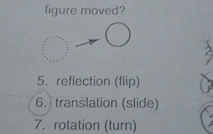 figure moved? 
5. reflection (flip) 
6.) translation (slide) 
7. rotation (turn)