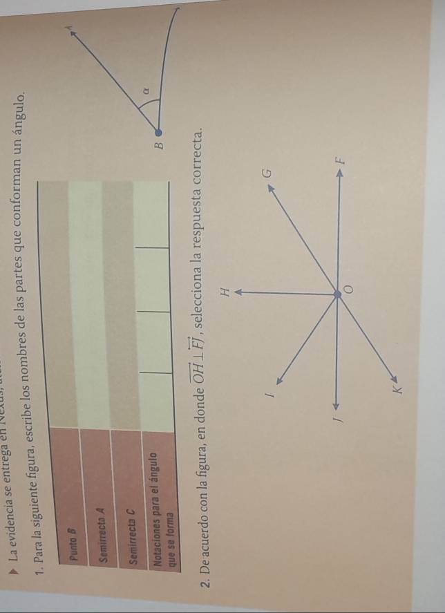 La evidencia se entrega en N l 
ra, escribe los nombres de las partes que conforman un ángulo. 
2. De acuerdo con la figura, en donde vector OH⊥ overleftrightarrow FJ , selecciona la respuesta correcta.