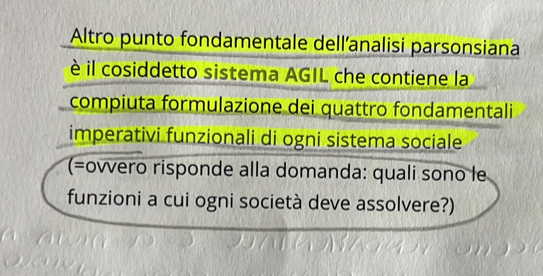 Altro punto fondamentale dell’analisi parsonsiana 
è il cosiddetto sistema AGIL che contiene la 
compiuta formulazione dei quattro fondamentali 
imperativi funzionali di ogni sistema sociale 
(=ovvero risponde alla domanda: quali sono le 
funzioni a cui ogni società deve assolvere?)