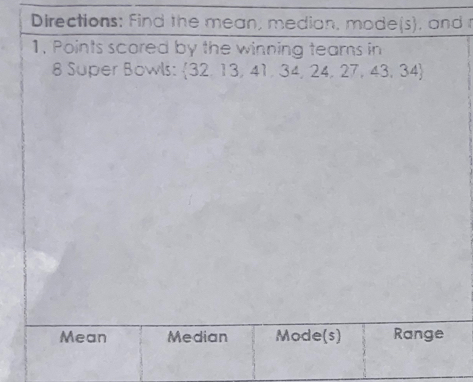 Directions: Find the mean, median, mode(s), and t 
1. Points scored by the winning tears in
8 Super Bowls: 32, 13, 41, 34, 24, 27, 43, 34
Mean Median Mode(s) Range