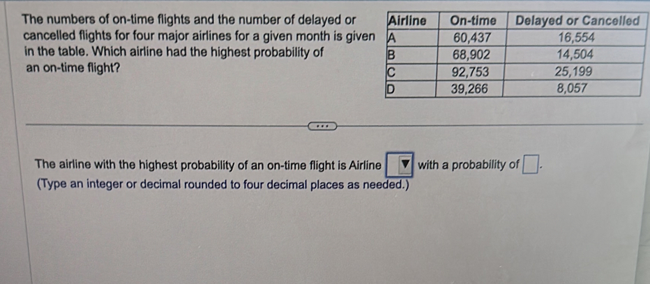 The numbers of on-time flights and the number of delayed or 
cancelled flights for four major airlines for a given month is giv 
in the table. Which airline had the highest probability of 
an on-time flight? 
The airline with the highest probability of an on-time flight is Airline V with a probability of □. 
(Type an integer or decimal rounded to four decimal places as needed.)