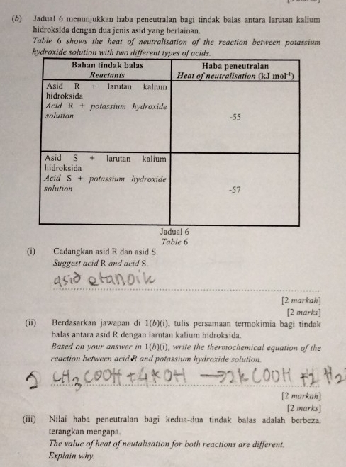 Jadual 6 menunjukkan haba peneutralan bagi tindak balas antara larutan kalium
hidroksida dengan dua jenis asid yang berlainan.
Table 6 shows the heat of neutralisation of the reaction between potassium
Table 6
(i) Cadangkan asid R dan asid S.
Suggest acid R and acid S.
_
[2 markah]
[2 marks]
(ii) Berdasarkan jawapan di 1(b)(i) , tulis persamaan termokimia bagi tindak
balas antara asid R dengan larutan kalium hidroksida.
Based on your answer in 1(b)(i) , write the thermochemical equation of the
reaction between acid R and potassium hydroxide solution.
_
_
[2 markah]
[2 marks]
(iii) Nilai haba peneutralan bagi kedua-dua tindak balas adalah berbeza.
terangkan mengapa
The value of heat of neutalisation for both reactions are different.
Explain why.