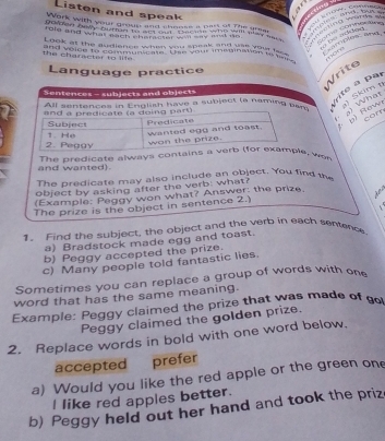 Listen and speak 
ork with your drasis and chousei pass at The gra. 
role and what tich shercter wh say and as 

to bo ang 
Look at the audience when you speak and was your h ar nptent end 
the charecter to life and veice to comnmuncate. tse your imssination to tee 
mùn 
Language practice 
Write 
rite à par 
Sentences - subjects and objects 
ect (a namn Skim 
cor 
g)Row What 
and wanted). The predicate always contaie, wor 
The predicate may also include an object. You find the 
object by asking after the verb: what? 
/Example: Peggy won what? Answer: the prize. 
The prize is the object in sentence 2. 
1. Find the subject, the object and the verb in each sentence 
a) Bradstock made egg and toast. 
b) Peggy accepted the prize. 
c) Many people told fantastic lies. 
Sometimes you can replace a group of words with one 
word that has the same meaning. 
Example: Peggy claimed the prize that was made of go 
Peggy claimed the golden prize. 
2. Replace words in bold with one word below. 
accepted prefer 
a) Would you like the red apple or the green one 
l like red apples better. 
b) Peggy held out her hand and took the priz