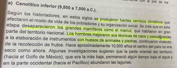 enta con la piel de los 
a) Cenolítico inferior (9,500 a 7,000 a.C.). 
Según los historiadores, en estos siglos se produjeron fuertes cambios climáticos que 
afectaron el modo de vida de los pobladores y su organización social. Se cree que en esta 
etapa desaparecieron los grandes mamíferos como el mamut, que habitaron en gran 
parte del territorio nacional. Los hombres mejoraron sus técnicas dé caza y pesca gracias 
a la elaboración de instrumentos con huesos de animales y piedras, continuaron viviendo 
de la recolección de frutos. Hace aproximadamente 10,000 años el centro del país no era 
seco como ahora. Algunas investigaciones sugieren que la parte oriental del territorio 
(hacia el Golfo de México), que era la más baja, permaneció algún tiempo bajo el agua y 
en la parte occidental (hacia el Pacífico) abundaron las lagunas.