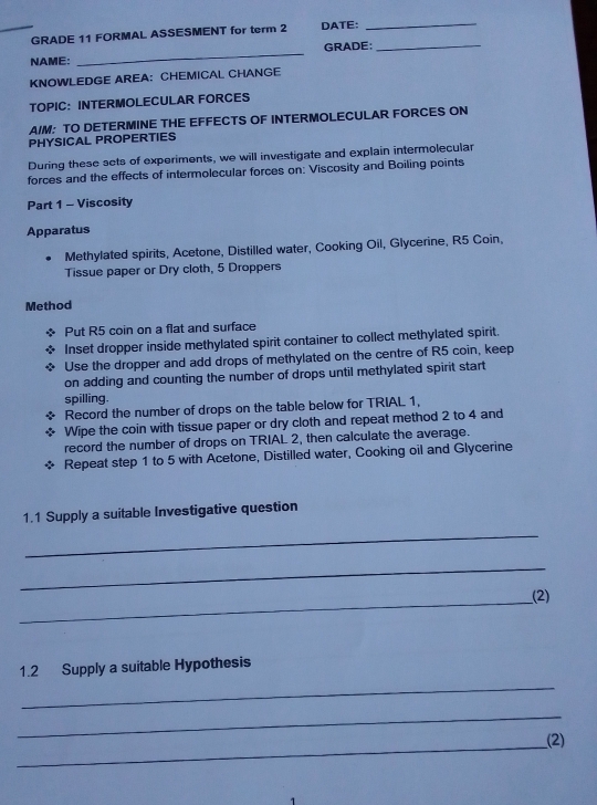 Solved: GRADE 11 FORMAL ASSESMENT for term 2 DATE: _ NAME: _GRADE ...