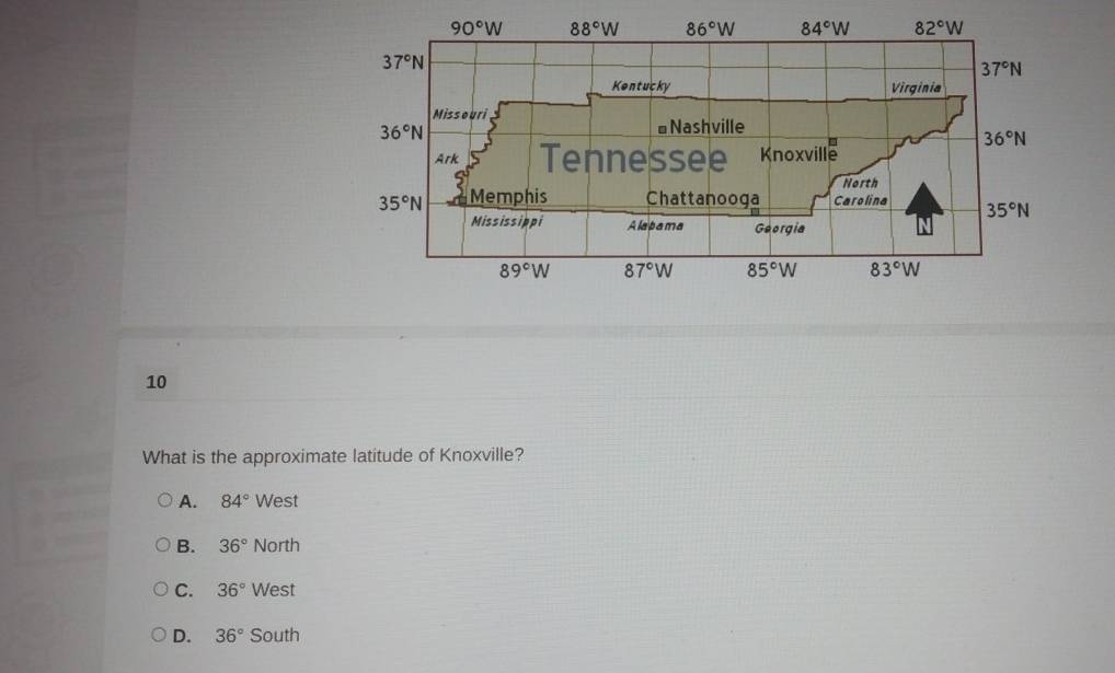 What is the approximate latitude of Knoxville?
A. 84° West
B. 36° North
C. 36° West
D. 36° South