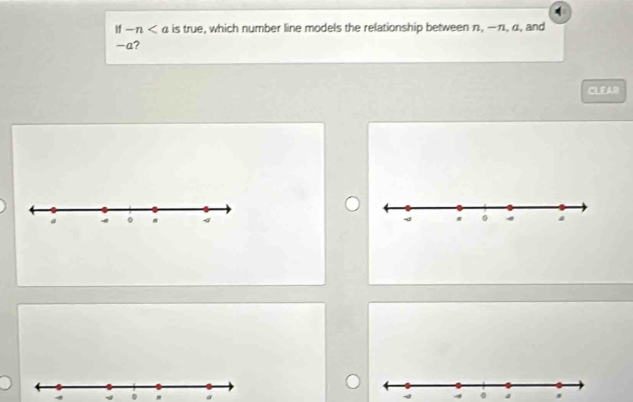 if-n is true, which number line models the relationship between n, -π, α, and
-a? 
CLEAR

0