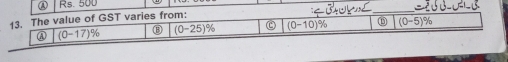 A Rs. 500
13. The value of GST varies from:
A (0-17)% (0-25)% c (0-10)% (0-5)%