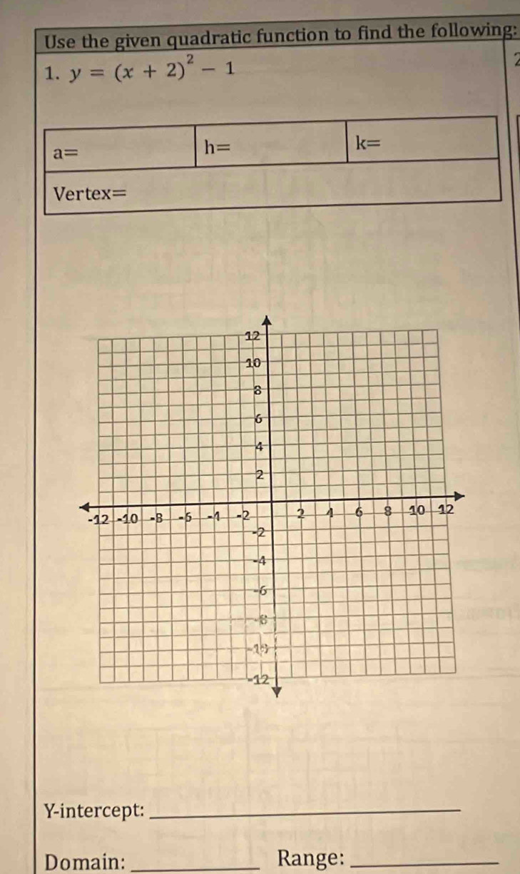 Use the given quadratic function to find the following:
1. y=(x+2)^2-1
Y-intercept:_
Domain: _Range:_