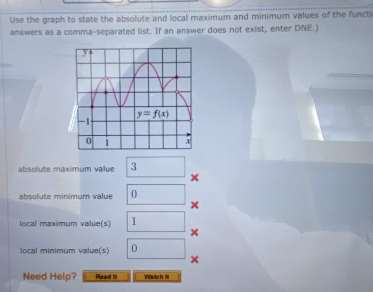 Use the graph to state the absolute and local maximum and minimum values of the functi
answers as a comma-separated list. If an answer does not exist, enter DNE.)
absolute maximum value 3
×
absolute minimum value 0
×
local maximum value(s) 1
x
local minimum value(s) O
Need Help? Read it Watch it