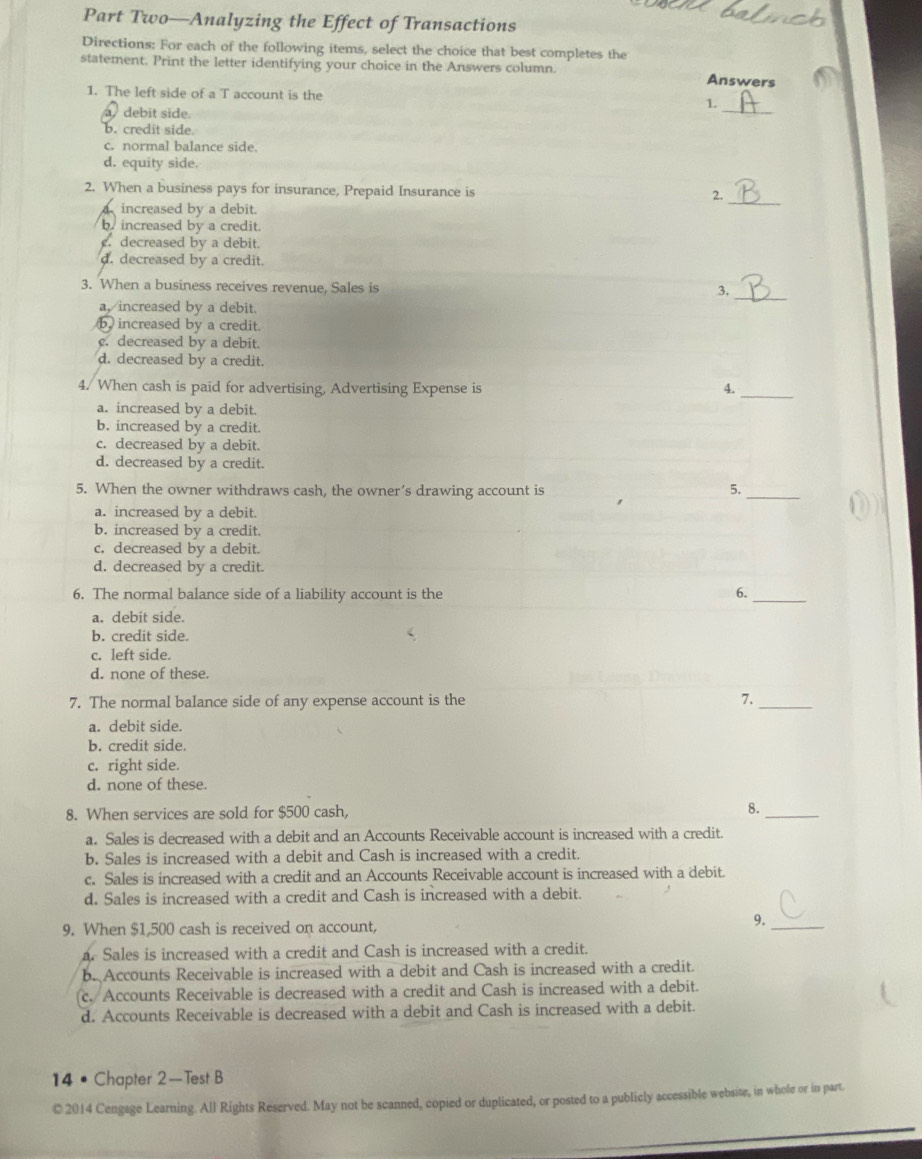 Part Two—Analyzing the Effect of Transactions
Directions: For each of the following items, select the choice that best completes the
statement. Print the letter identifying your choice in the Answers column. Answers
_
1. The left side of a T account is the 1.
a debit side.
b. credit side.
c. normal balance side.
d. equity side.
_
2. When a business pays for insurance, Prepaid Insurance is 2.
increased by a debit.
b increased by a credit.. decreased by a debit.
d. decreased by a credit.
_
3. When a business receives revenue, Sales is
3.
a, increased by a debit.
b. increased by a credit.
c. decreased by a debit.
d. decreased by a credit.
4. When cash is paid for advertising, Advertising Expense is
_
a. increased by a debit.
b. increased by a credit.
c. decreased by a debit.
d. decreased by a credit.
5. When the owner withdraws cash, the owner’s drawing account is 5._
a. increased by a debit.
b. increased by a credit.
c. decreased by a debit.
d. decreased by a credit.
6. The normal balance side of a liability account is the 6._
a. debit side.
b. credit side.
c. left side.
d. none of these.
7. The normal balance side of any expense account is the 7._
a. debit side.
b. credit side.
c. right side.
d. none of these.
8. When services are sold for $500 cash, 8._
a. Sales is decreased with a debit and an Accounts Receivable account is increased with a credit.
b. Sales is increased with a debit and Cash is increased with a credit.
c. Sales is increased with a credit and an Accounts Receivable account is increased with a debit.
d. Sales is increased with a credit and Cash is increased with a debit.
9. When $1,500 cash is received on account,
9._
a. Sales is increased with a credit and Cash is increased with a credit.
b. Accounts Receivable is increased with a debit and Cash is increased with a credit.
c. Accounts Receivable is decreased with a credit and Cash is increased with a debit.
d. Accounts Receivable is decreased with a debit and Cash is increased with a debit.
14 •  Chapter 2 - Test B
© 2014 Cengage Learning. All Rights Reserved. May not be scanned, copied or duplicated, or posted to a publicly accessible website, in whole or in part.