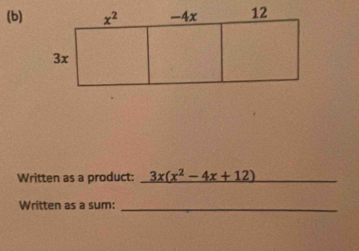 Written as a product: 3x(x^2-4x+12) _
Written as a sum:_