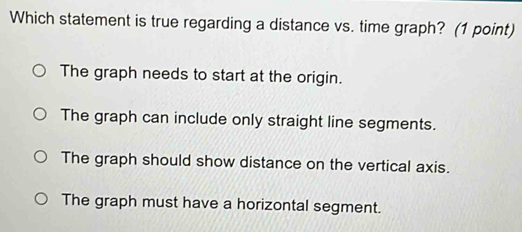 Which statement is true regarding a distance vs. time graph? (1 point)
The graph needs to start at the origin.
The graph can include only straight line segments.
The graph should show distance on the vertical axis.
The graph must have a horizontal segment.