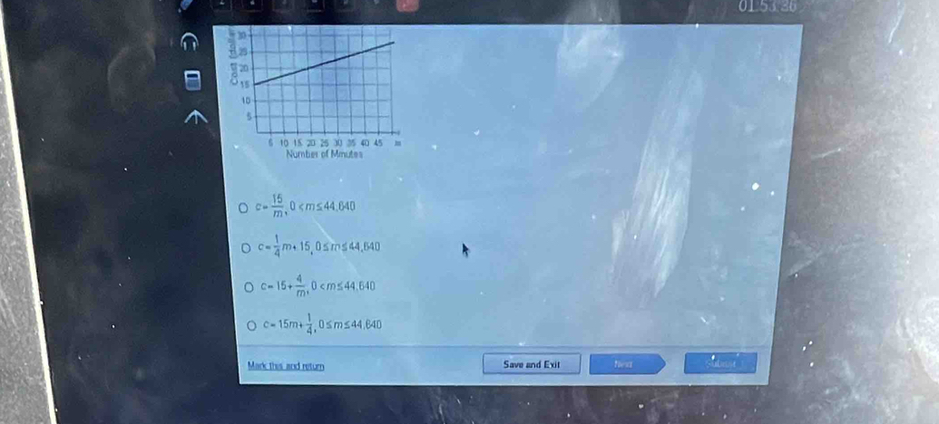 c= 15/m , 0
c= 1/4 m+15, 0≤ m≤ 44,640
c=15+ 4/m , 0
c=15m+ 1/4 , 0≤ m≤ 44,640
Mark this and return Save and Exit Next